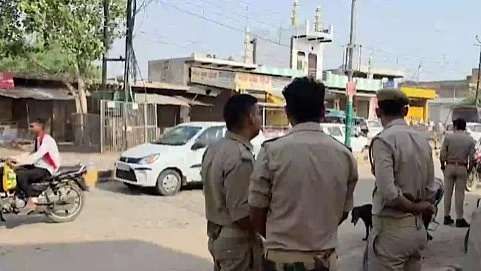 Police keeps a vigil at the spot in Mathura, 8 June 2025