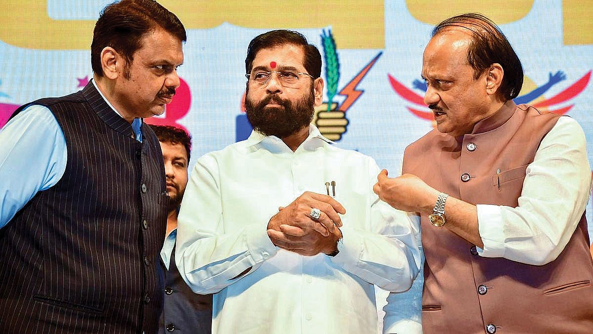 L-R: CM Devendra Fadnavis, ex-CM Eknath Shinde, NCP leader Ajit Pawar