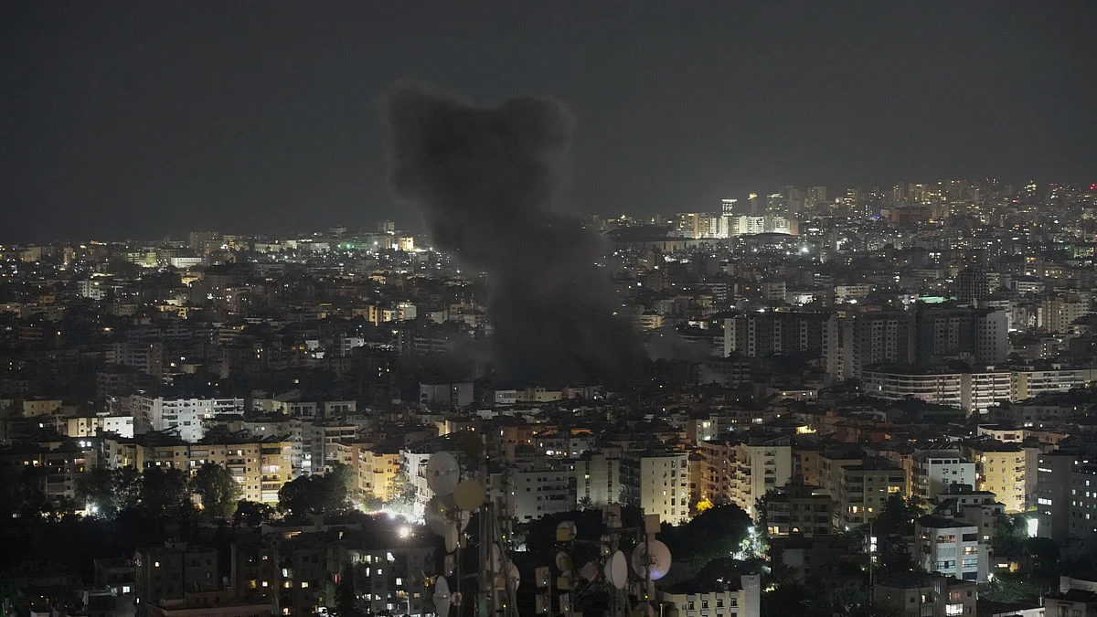Smoke rises following an Israeli airstrike on Dahiyeh on 5 June (photo: AP/PTI)