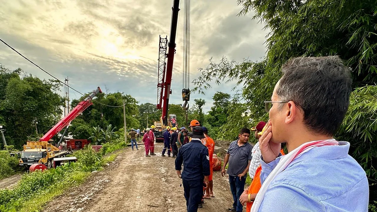 Assam Congress MP Gaurav Gogoi at the ONGC gas leak site (photo: @GauravGogoiAsm/X)