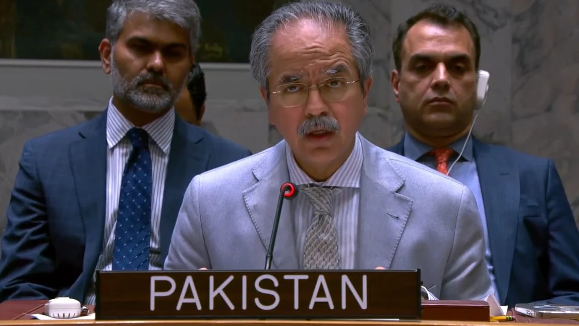 Pak’s permanent representative Asim Iftikhar Ahmad at UNSC meeting on 22 June (photo: IANS)