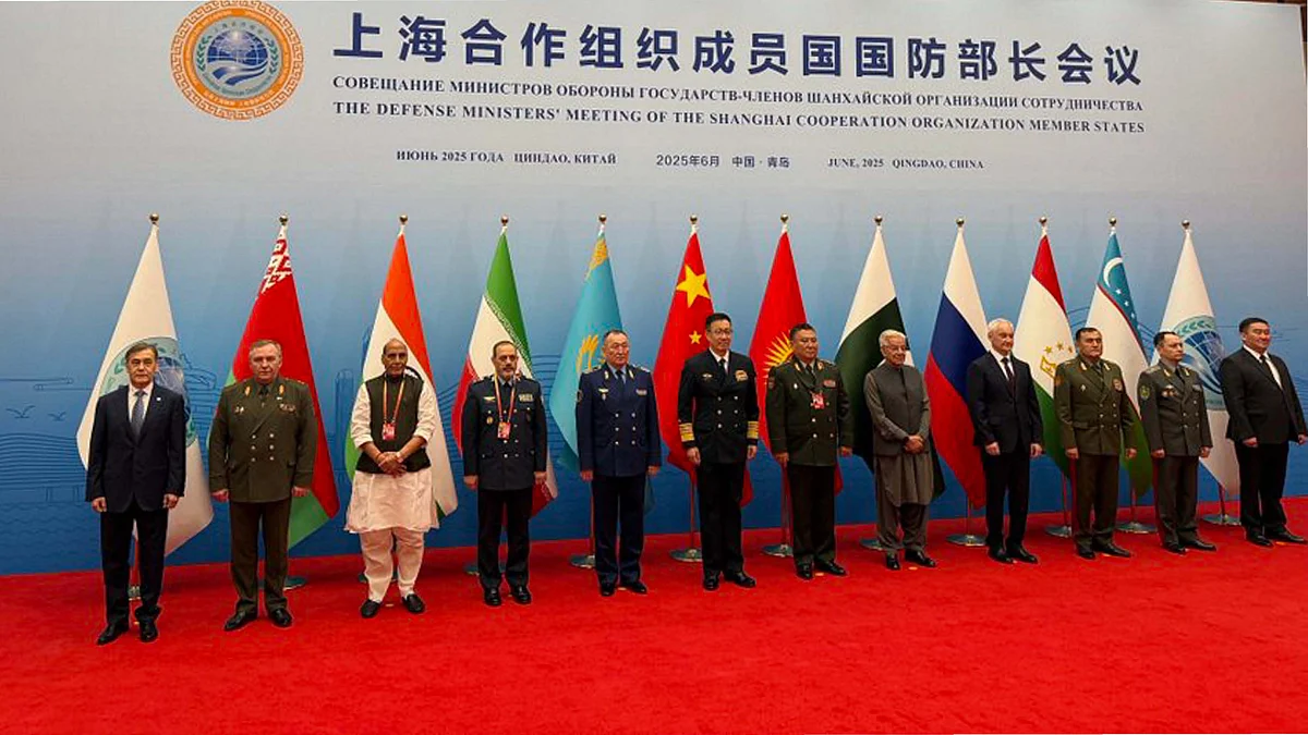 Defence minister Rajnath Singh at the SCO meeting, in Qingdao, China. (@rajnathsingh via X)