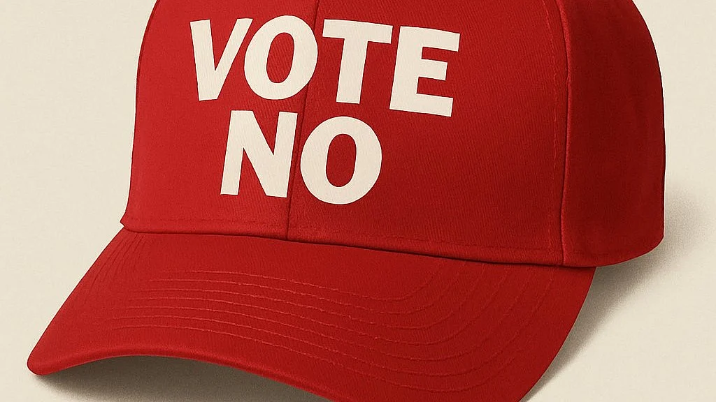 'Vote No' campaign hat against the Medicaid cuts and One Big Beautiful Bill—in MAGA Republican red