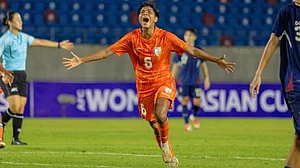Sangita Basfore, who plays for East Bengal FC, after one of her goals on 5 July (photo: AIFF)