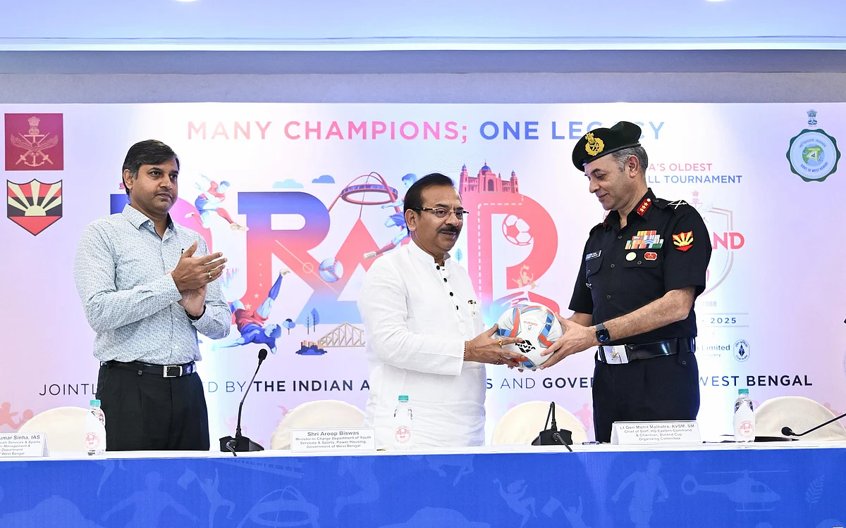 Lt Gen Mohit Malhotra (right) and Aroop Biswas, West Bengal Minister of Sport, at Durand Cup launch in Kolkata
