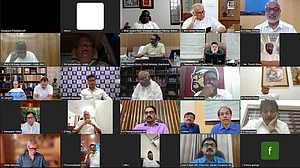 INDIA bloc leaders during a virtual meeting ahead of Parliament's Monsoon session (photo: PTI)