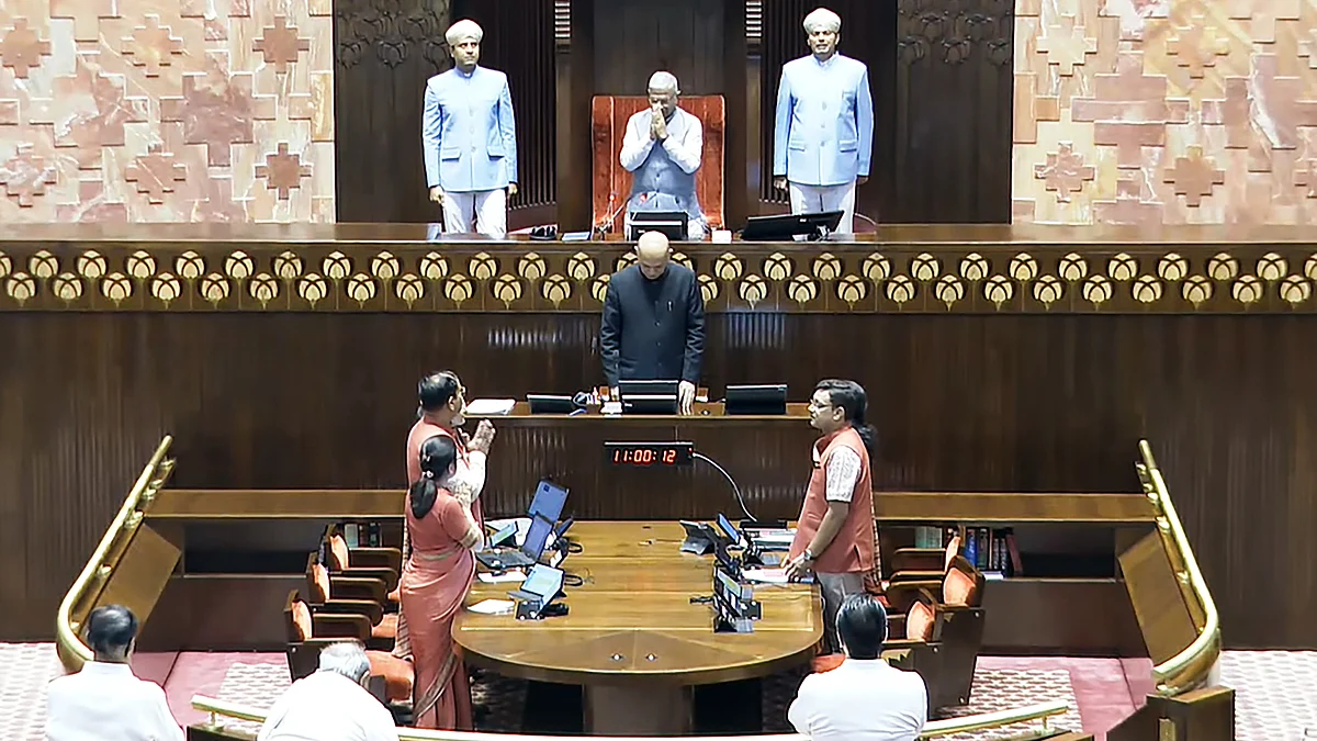 Harivansh Narayan Singh greets members of the House in New Delhi on 22 July (photo: PTI)