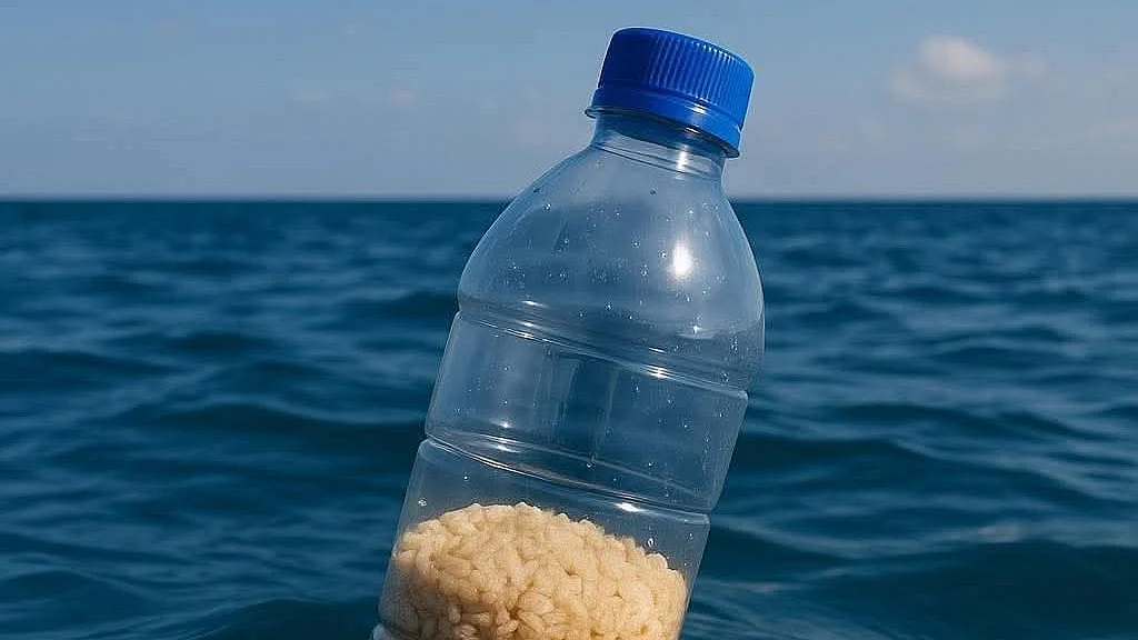 Citizens of some Arab nations float bottles of baby formula, rice, flour in the sea, for Gaza (AI image)