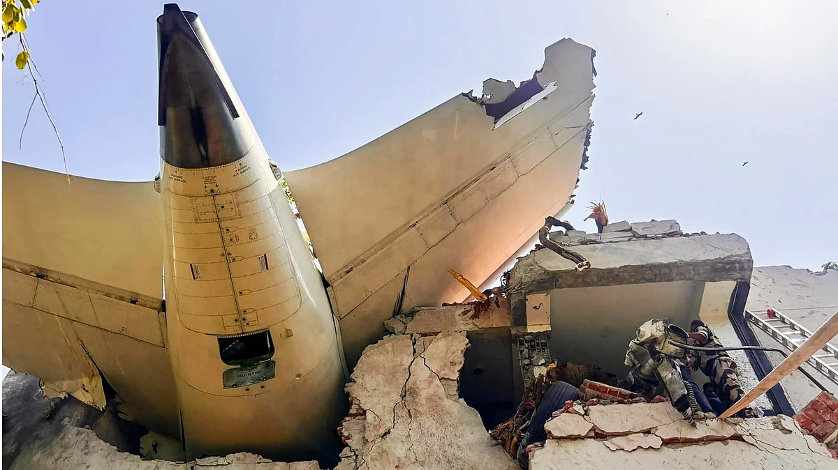 Tail section of the Air India plane that crashed into B.J. Medical College