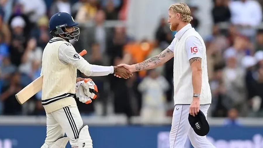The tenuous handshake: Ravindra Jadeja and Ben Stokes after the match