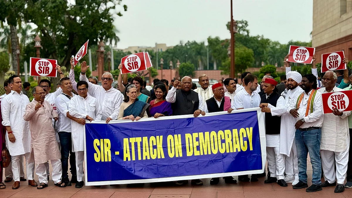 INDIA bloc leaders protest against Bihar SIR outside Parliament