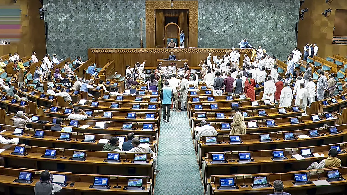 Opposition MPs enter the well of the House, calling for discussion on the Bihar SIR and other matters 