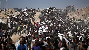 Palestinians carry sacks of flour taken from a humanitarian aid convoy in Gaza (photo: AP/PTI)