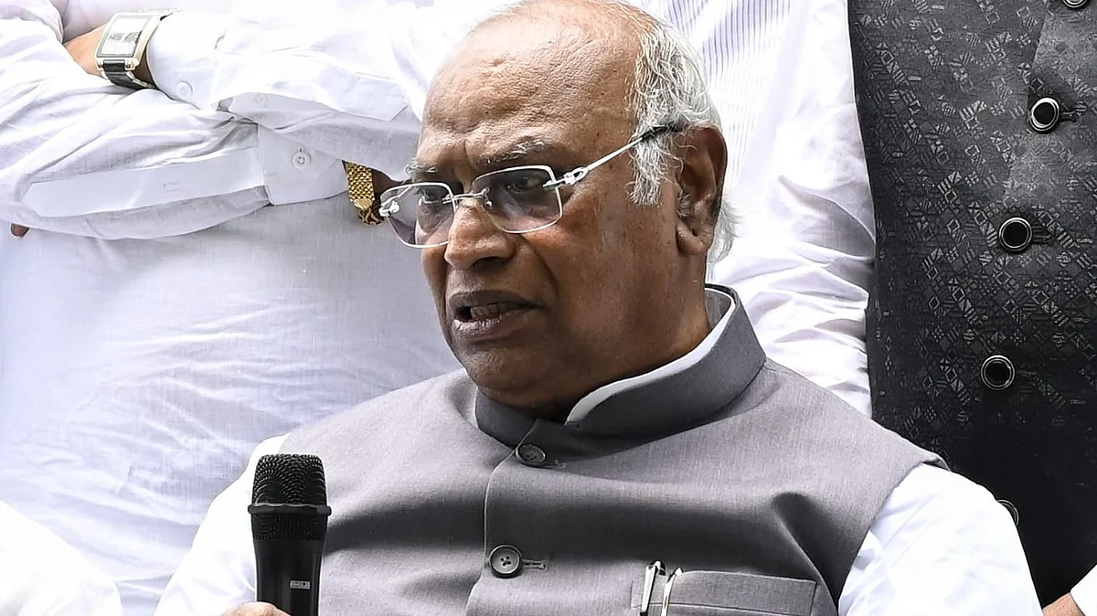 Mallikarjun Kharge during a press conference in New Delhi