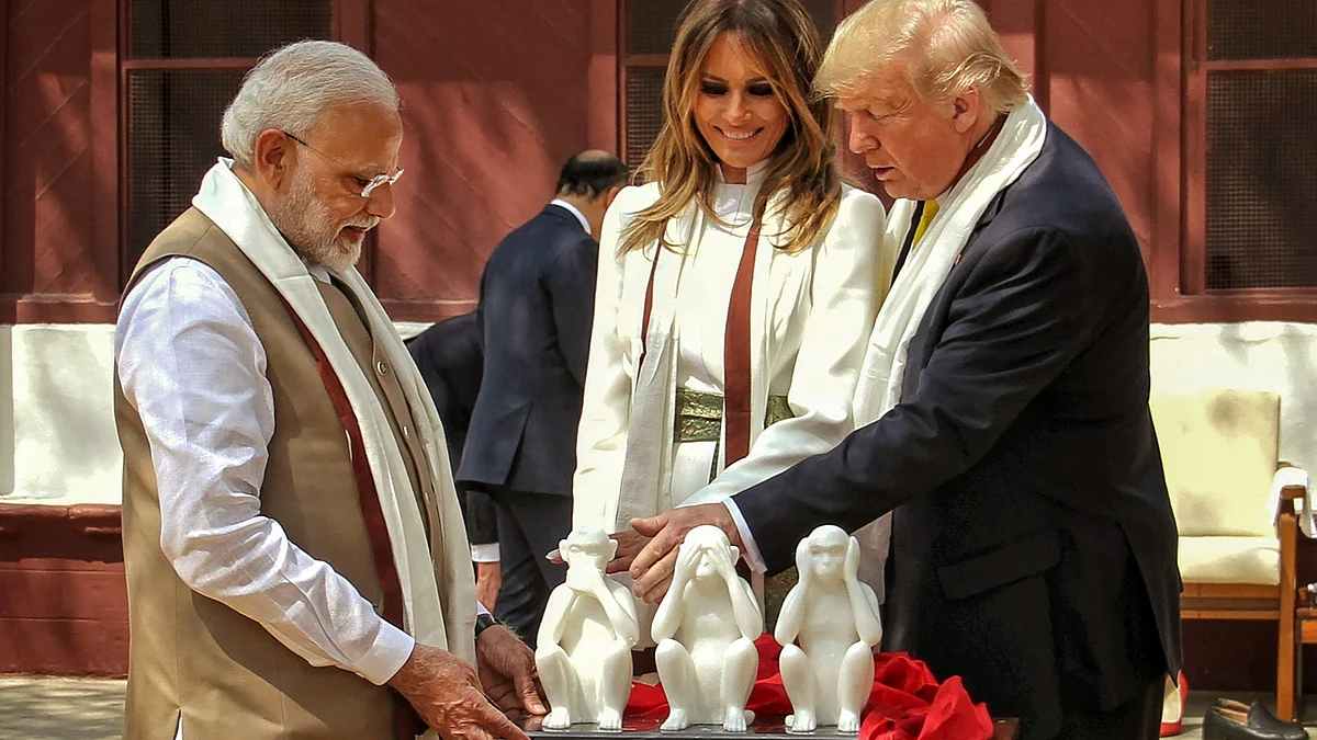 Narendra Modi with Donald Trump and First Lady Melania Trump in Ahmedabad