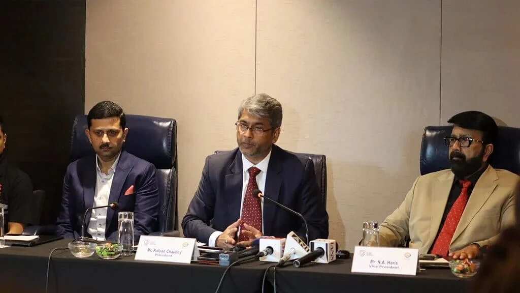 AIFF president Kalyan Chaubey (centre) during a media conference on Thursday