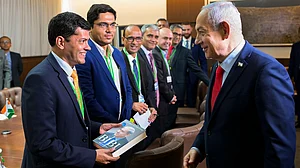 Benjamin Netanyahu during a meeting with senior Indian journalists in Jerusalem