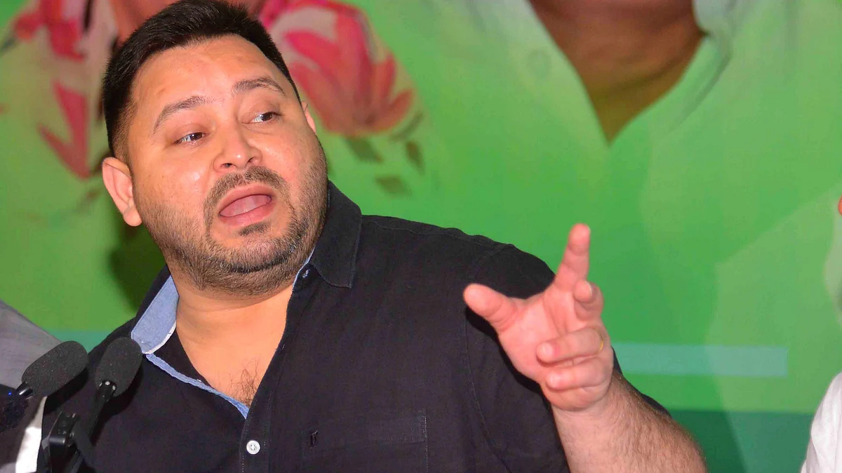 Tejashwi Yadav at a press conference in Patna, 10 Aug