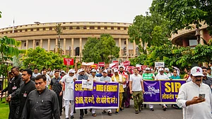 INDIA bloc MPs begin a march from Parliament to the EC office, in New Delhi, 11 Aug