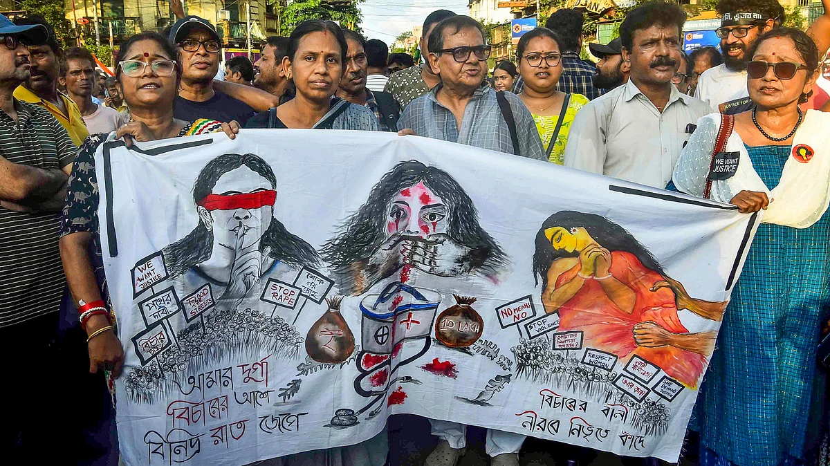 Doctors and others take part in a protest rally in Kolkata on 9 August
