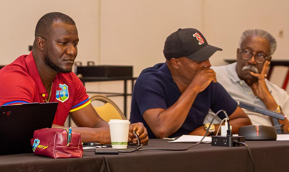 Sir Clive Lloyd (from right), Brian Lara and Darren Sammy at the press conference
