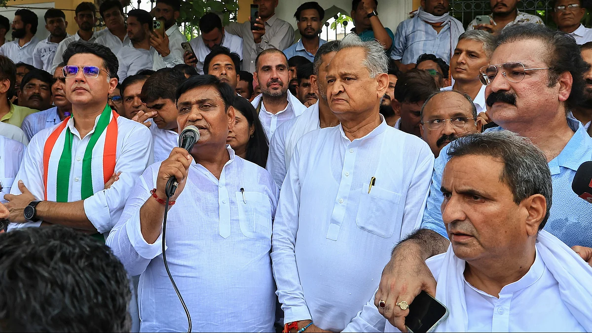 Ashok Gehlot, Govind Singh Dotasra and Sachin Pilot during a protest march in Jaipur on 13 August