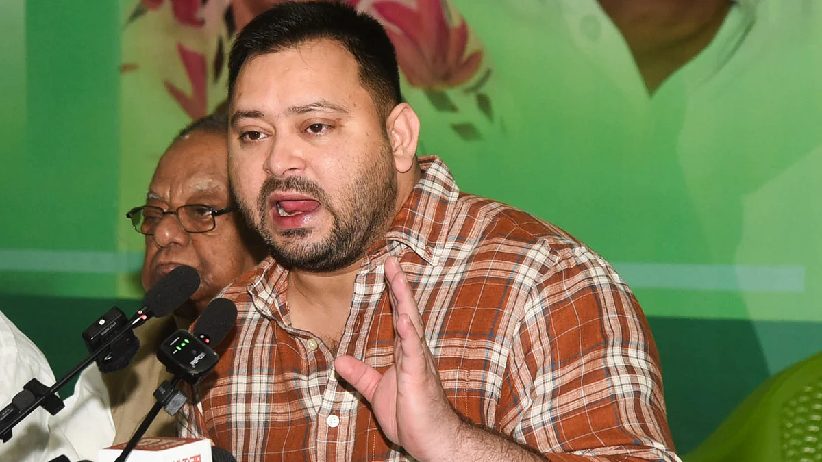 Tejashwi Yadav addresses a press conference in Patna on 13 August