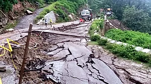 A damaged road due to cloudburst in Kathua on 17 August