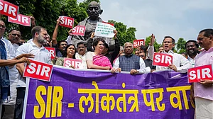 INDIA bloc MPs stage a protest at Parliament House against Bihar SIR