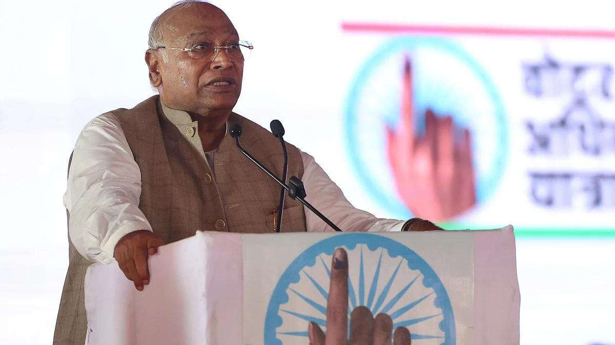 Congress president Mallikarjun Kharge speaks during a public meeting