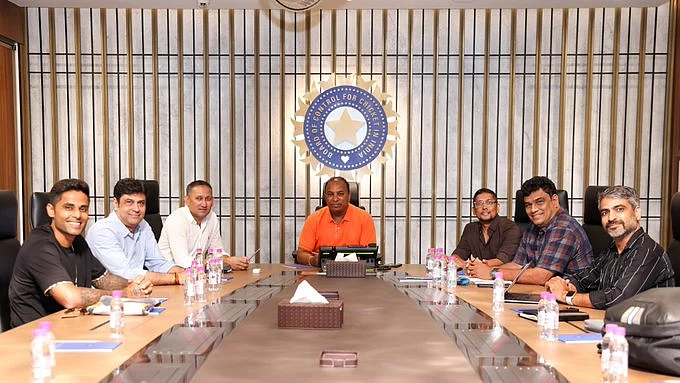 India's T20I captain Suryakumar Yadav (far left) with selectors and BCCI secretary Devojit Saikia