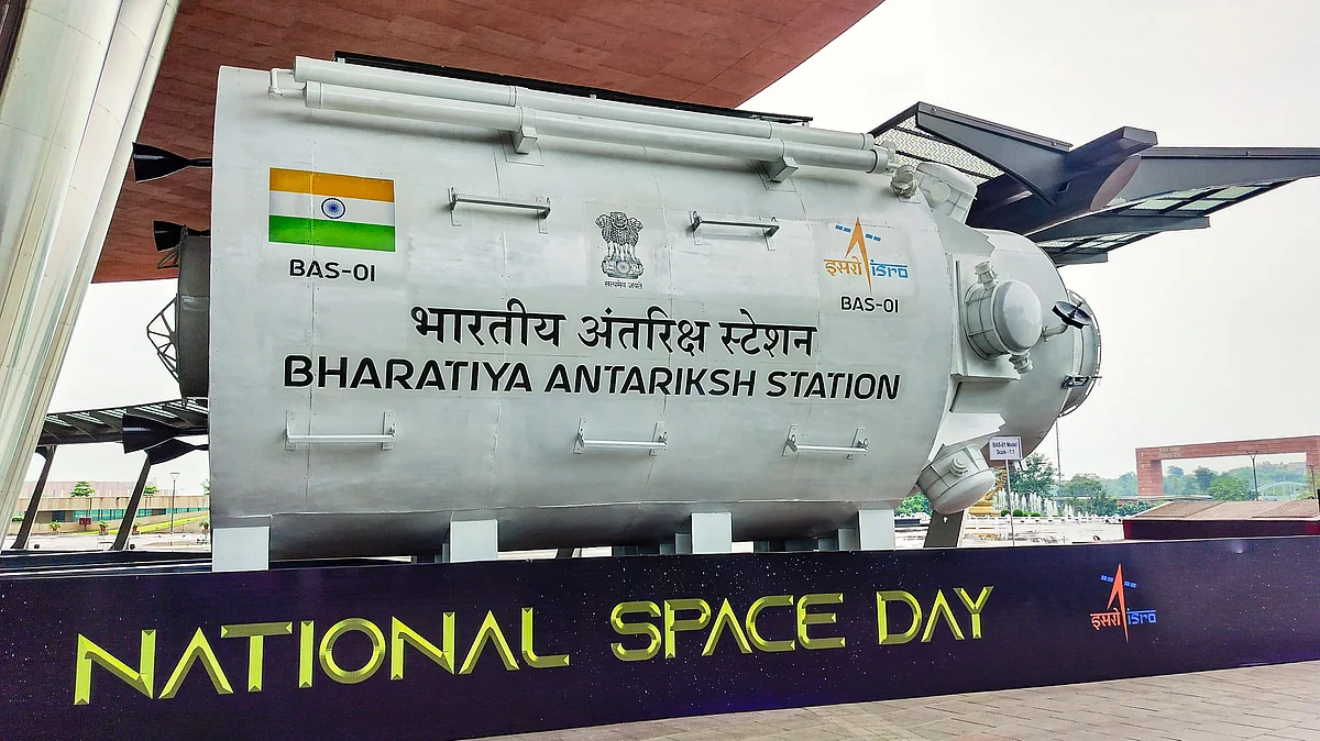 The model of the Bharat Antariksh Station on display as part of National Space Day celebrations