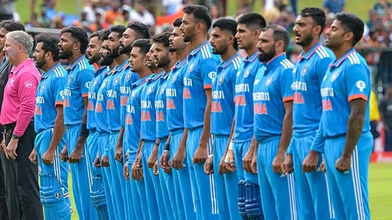 Indian cricket team with Dream 11 logos on their shirts