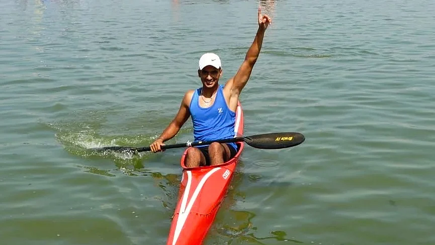 Mohsin Ali Kand after winning the first gold of Khelo India Water Sports on Dal Lake on Thursday