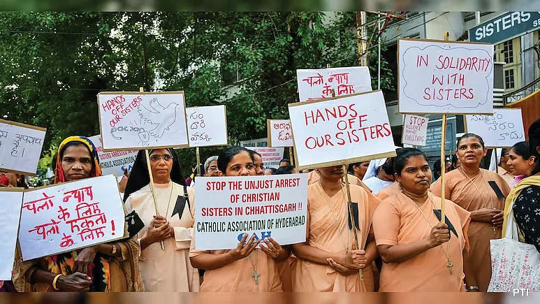 A protest against the arrest of two Kerala nuns in Chhattisgarh