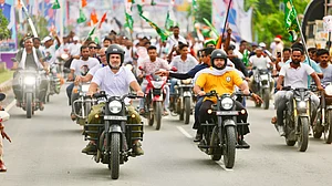 Rahul Gandhi and Tejashwi Yadav on their motorbikes