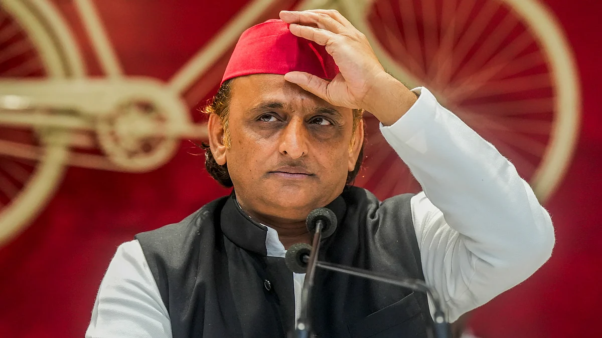 Samajwadi Party president Akhilesh Yadav during a press conference in Lucknow