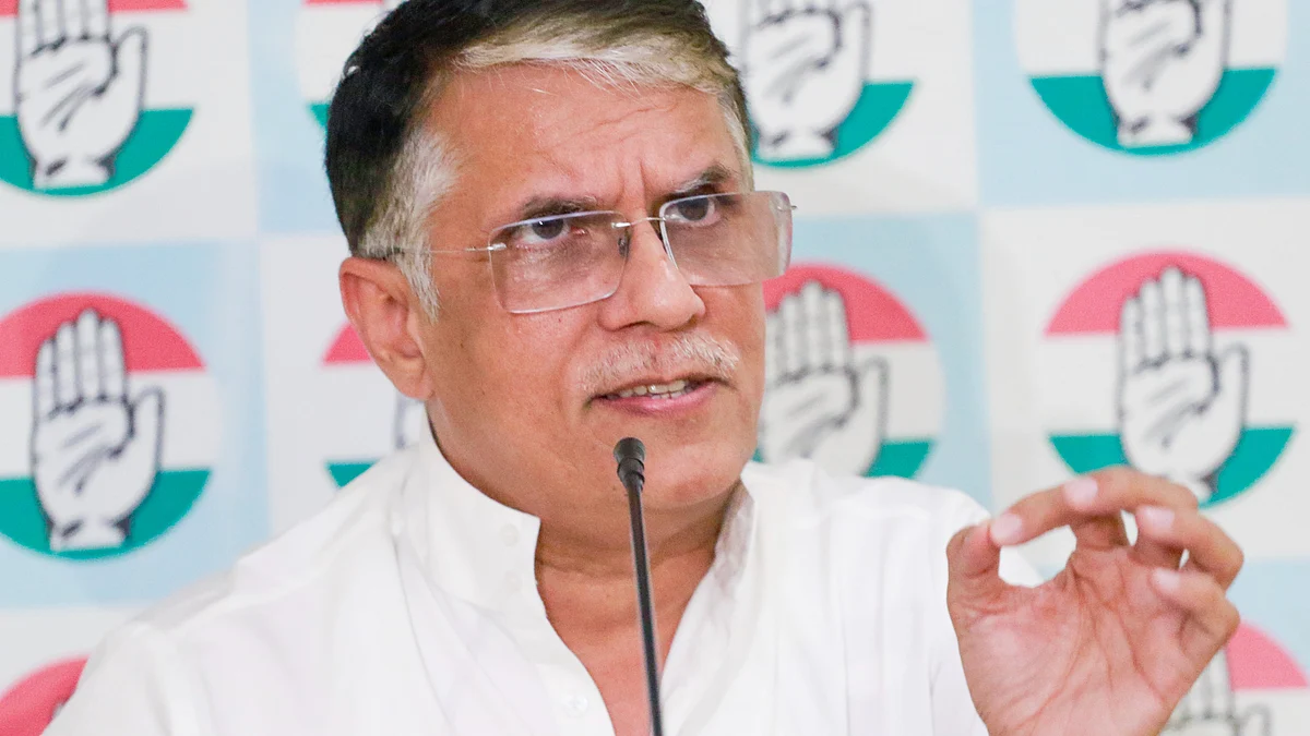 Pawan Khera addresses a press conference at AICC headquarters in New Delhi