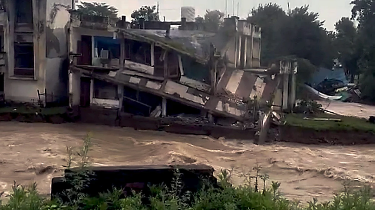 A damaged building at Madhopur, in Pathankot district on 27 August