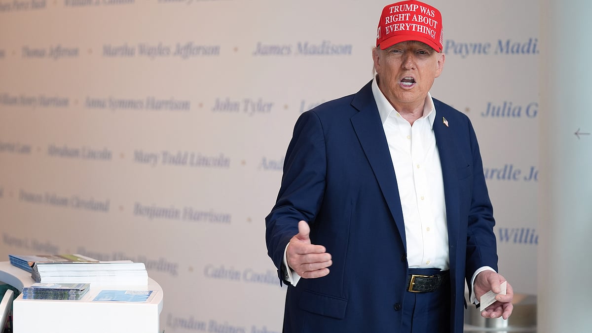 Donald Trump speaks with reporters at The People's House museum