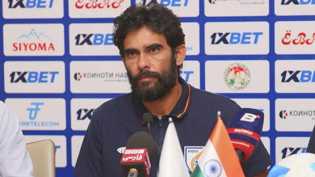 New Indian coach Khalid Jamil addresses the press conference in Tajikistan