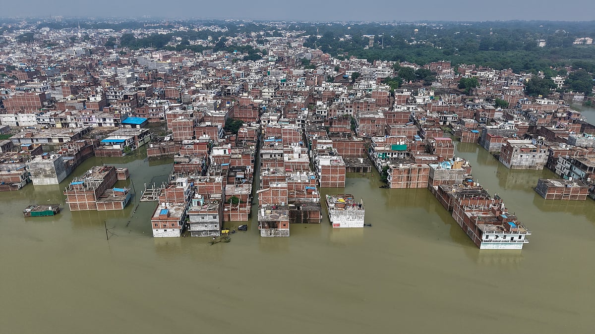 An aerial view of Chota Baghada area in Prayagraj on 27 August