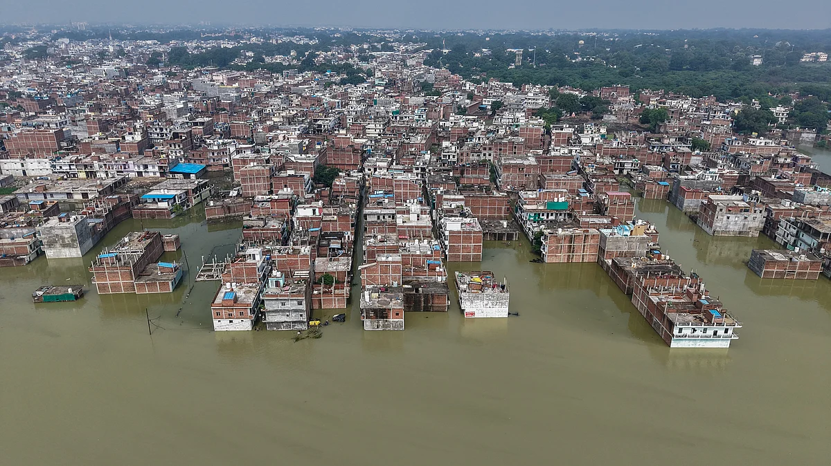 An aerial view of Chota Baghada area in Prayagraj on 27 August