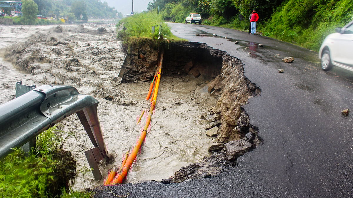 A portion of the Chandigarh-Manali highway washed away by the Beas, 26 Aug