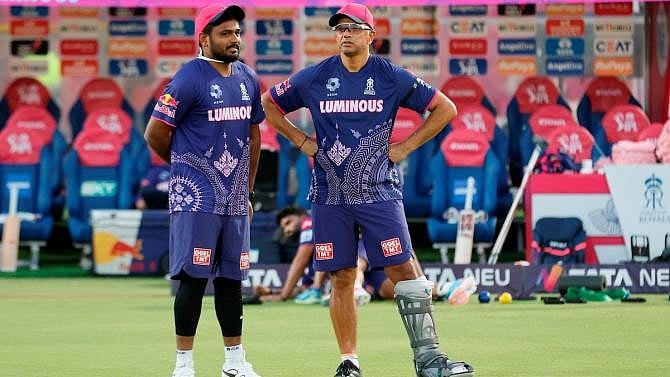 Rahul Dravid, in-charge of Royals last season, with Sanju Samson