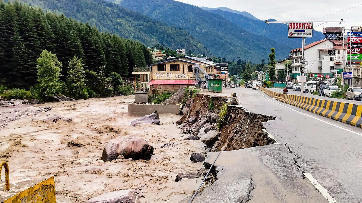 A damaged road following a recent cloudburst