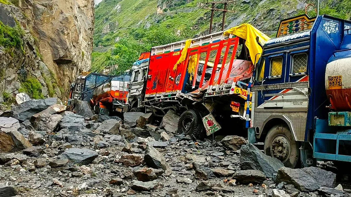 Vehicles damaged by debris and boulders after heavy rainfall in Kinnaur district, Himachal Pradesh