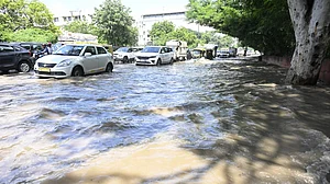 Yamuna spills over, flooding Chandgiram Akhada Road near Kashmiri Gate on 4 September