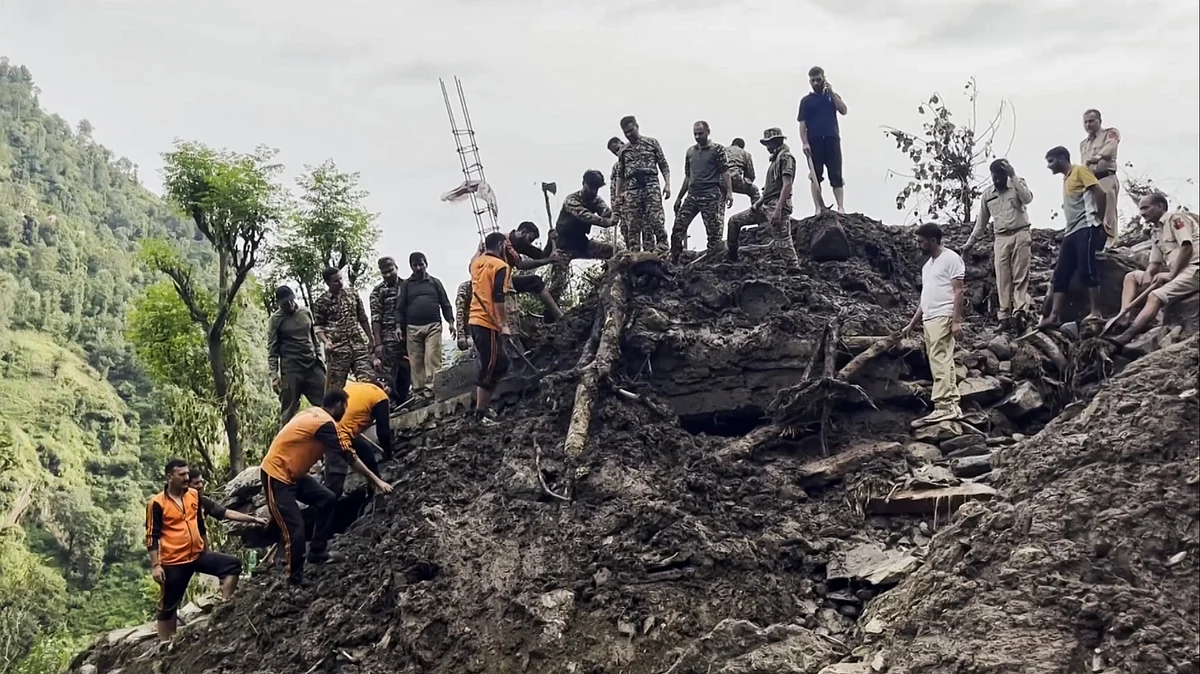 Rescuers at work in Ramban after a devastating cloudburst.