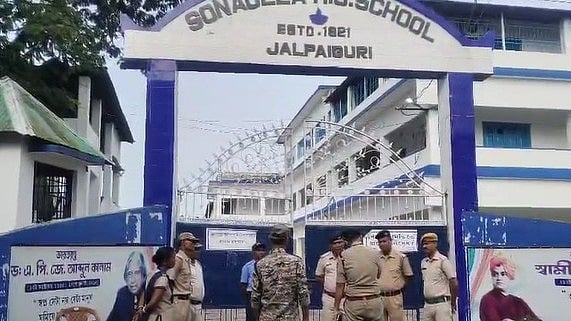Heightened security outside an exam centre ahead of Bengal’s teacher recruitment test